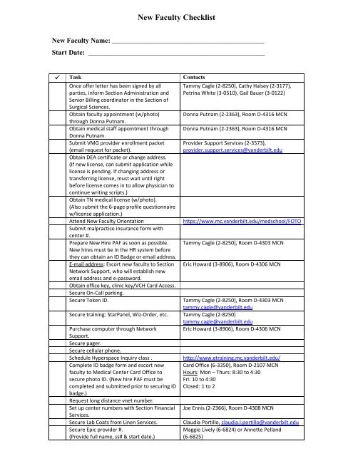 New faculty checklist - Vanderbilt University Medical Center
