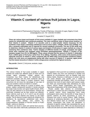 Vitamin C content of various fruit juices in Lagos, Nigeria