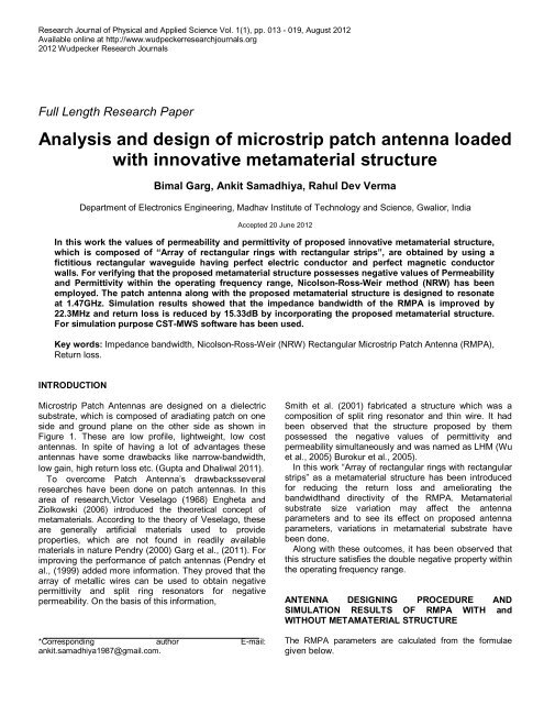 Analysis and design of microstrip patch antenna loaded with ...