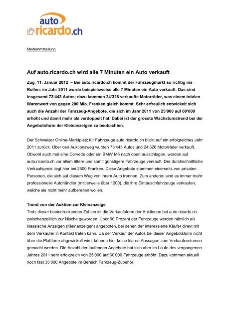 Auf Auto Ricardo Ch Wird Alle 7 Minuten Ein Auto Verkauft