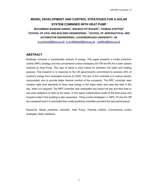 model development and control strategies for a solar system ...