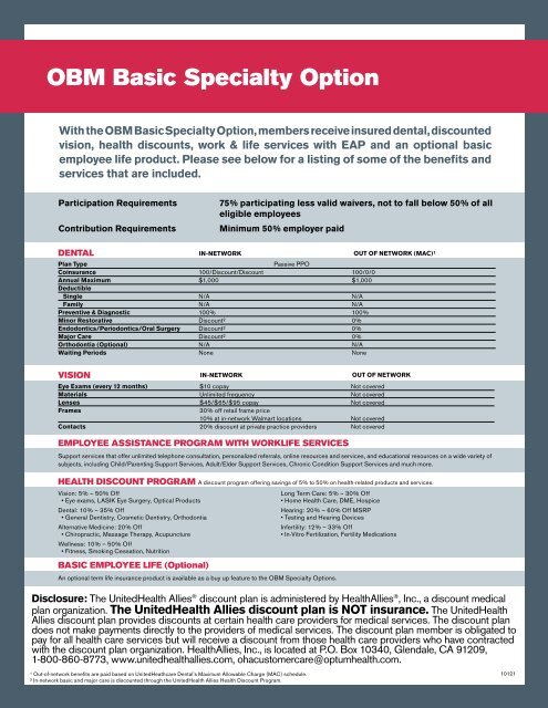 OBM Basic Specialty Option - Oxford Health Plans