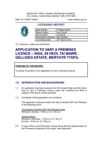 Application to Vary a Premises Licence - Merthyr Tydfil County ...