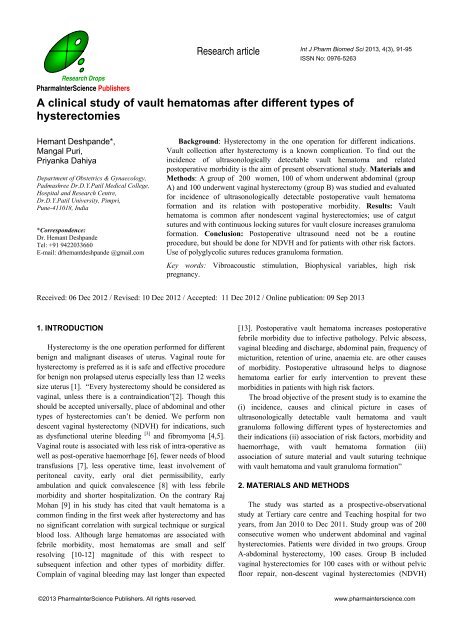 A clinical study of vault hematomas after different types of ...