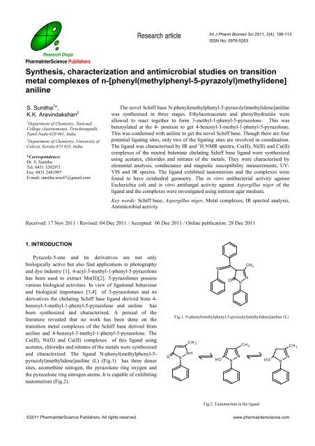 Synthesis, characterization and antimicrobial studies on transition ...