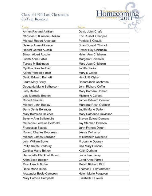 Lost Classmates - St. Francis Xavier University Alumni