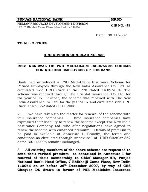 PUNJAB NATIONAL BANK HRDD CIR NO. 438 Date ... - Pnbnet.net.in