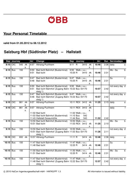 Your Personal Timetable SalzburgHbf(S¨udtirolerPlatz) – Hallstatt