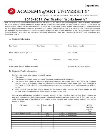 Worksheets Dependent Verification Worksheet dependent verification worksheet pdf worksheets v1 academy of art university