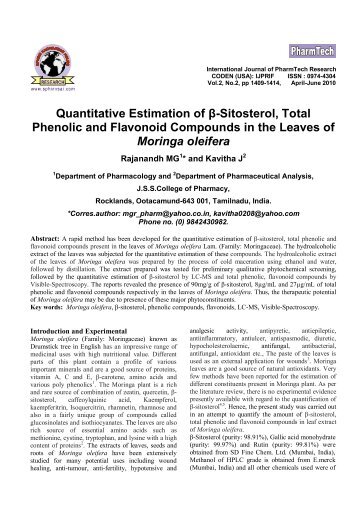 Quantitative Estimation of Î²-Sitosterol, Total Phenolic and Flavonoid ...