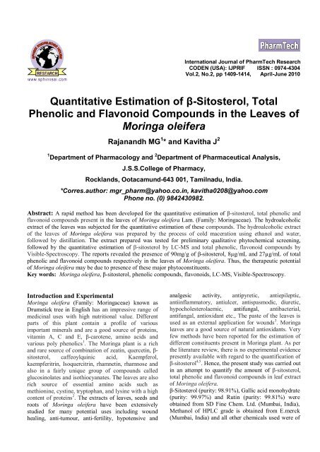 Quantitative Estimation Of I Sitosterol Total Phenolic And Flavonoid