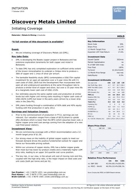 Goldman Sachs Investor Research - Discovery Metals Limited