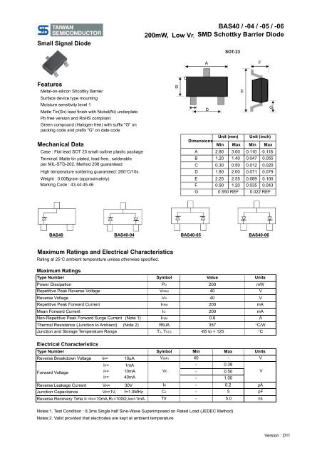 200mW, Low V F, SMD Schottky Barrier Diode BAS40 / -04 / -05 / -06