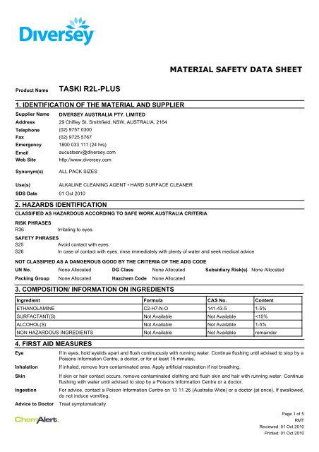 MSDS - Taski R2L Plus 2010 - Melbourne Cleaning Supplies