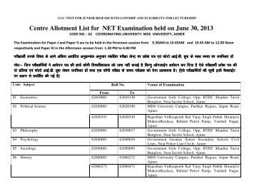 Centre Allotment List for NET Examination held on June 30, 2013