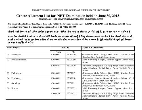 Centre Allotment List for NET Examination held on June 30, 2013
