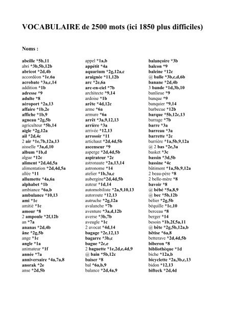 VOCABULAIRE de 2500 mots (ici 1850 plus difficiles) - IEN Sannois