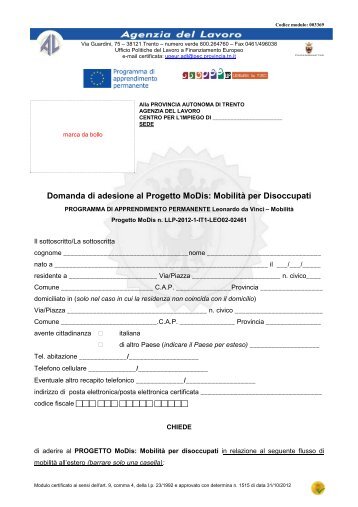 domanda adesione Progetto MoDis DEFINITIVO - Modulistica ...