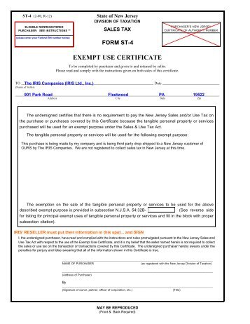 Form ST-4, Exempt Use Certificate - The Iris Companies