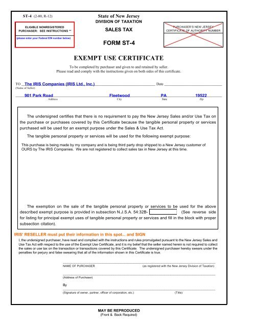Form ST-4, Exempt Use Certificate - The Iris Companies