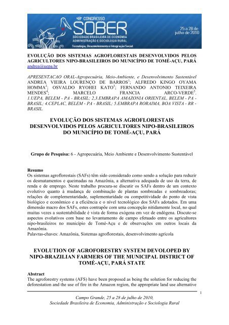 evoluÃ§Ã£o dos sistemas agroflorestais desenvolvidos pelos - SOBER