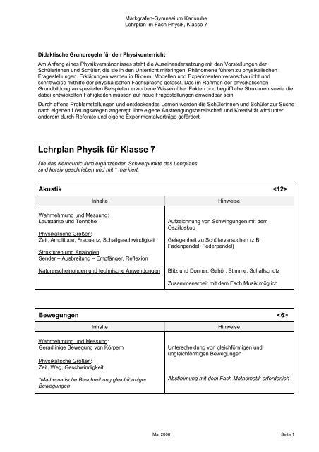 Lehrplan Physik für Klasse 7 - Markgrafen-Gymnasium - Karlsruhe