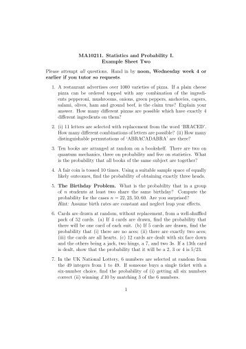 MA10211. Statistics and Probability I. Example Sheet Two Please ...