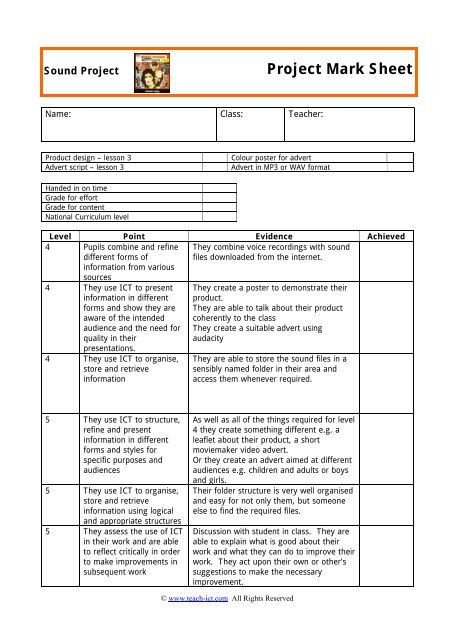 Project Mark Sheet - Teach ICT
