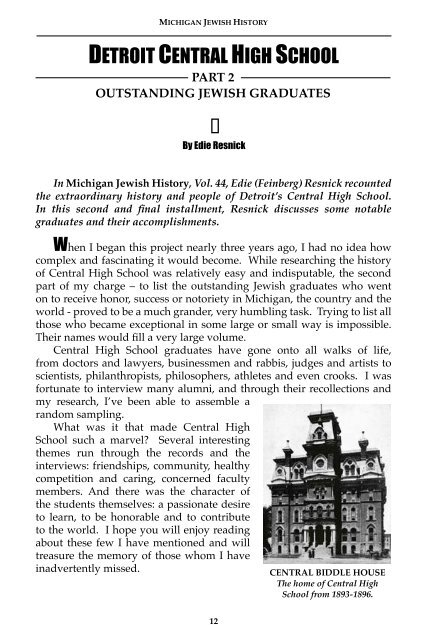 MICHIGAN JEWISH HISTORY - Jewish Historical Society of Michigan