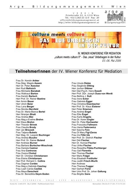 TeilnehmerInnen der IV. Wiener Konferenz fÃ¼r Mediation - ARGE ...