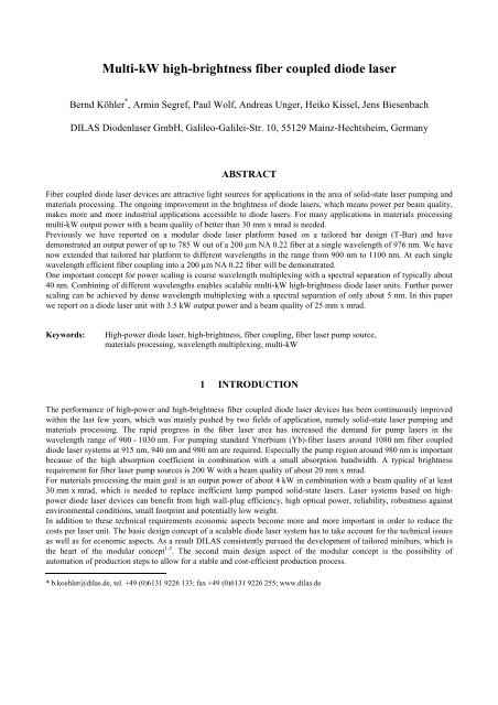 Multi-kW high-brightness fiber coupled diode laser - DILAS