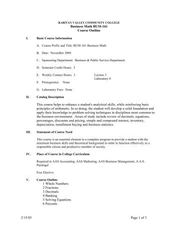2/15/05 Page 1 of 3 Business Math BUSI-161 Course Outline This ...