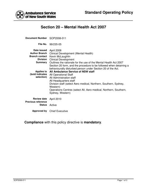 Standard Operating Policy Section 20 – Mental Health Act 2007