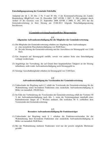 EntschÃ¤digungssatzung der Gemeinde Fehrbellin Aufgrund der Â§Â§ 3 ...