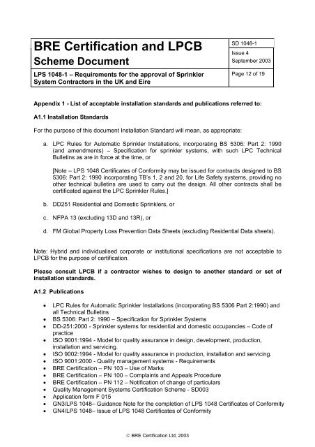 BRE Certification and LPCB - Residential Sprinkler Association