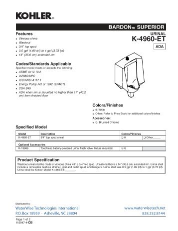 Kohler K-4960-ET-0 Bardon Urinal Specifications - WaterWise ...