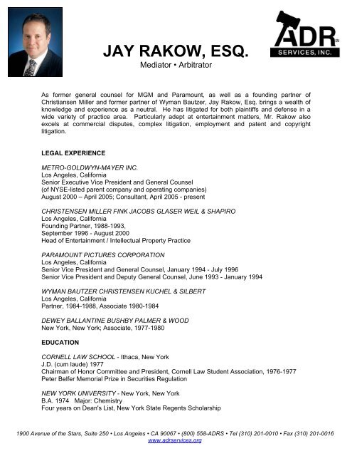 Jay Rakow, Esq. Resume - ADR Services, Inc.