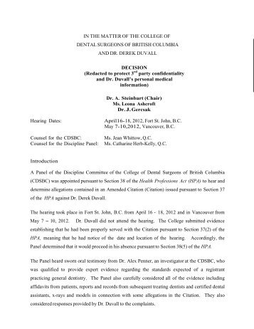 Duvall Discipline Panel Decision (redacted) - College of Dental ...