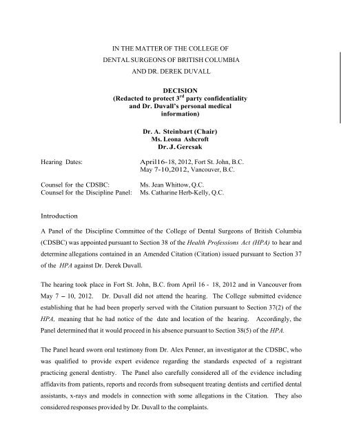 Duvall Discipline Panel Decision (redacted) - College of Dental ...