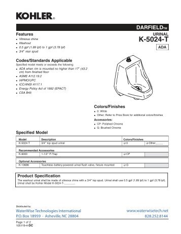 Kohler K-5024-T-0 Darfield Urinal Specifications - WaterWise ...