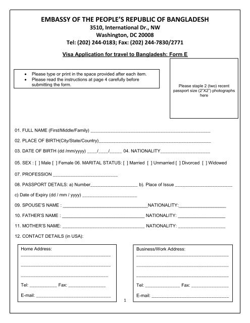 visa application forms - The Embassy of Bangladesh in Washington ...