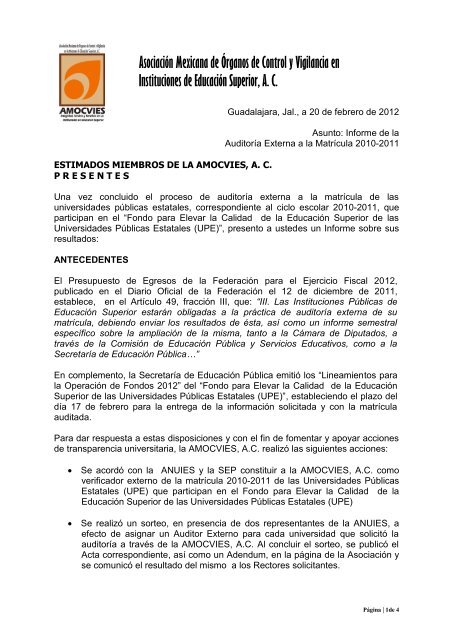 Informe Auditoria a la Matricula 2010-2011 - Amocvies