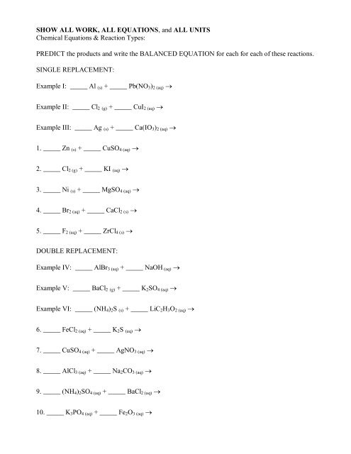 single replacement & double replacement worksheet - Avon Chemistry