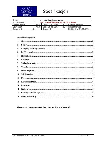 1.8 â Spesifikasjon for LOTO - SÃ¸r-Norge Aluminium AS