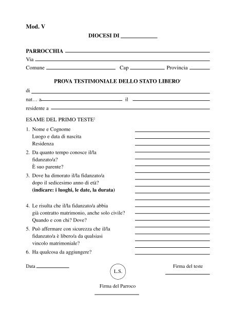 Modello V: prova testimoniale dello stato libero - Chiesa di Milano