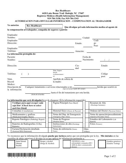 Release of Information Authorization Form ... - Rex Healthcare