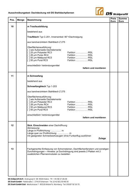 Ausschreibungstext: Dachdeckung mit DS Stahldachpfannen Pos ...