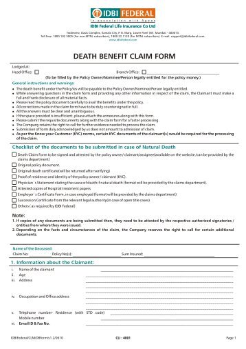 Death Benefit Claim Form PDF - IDBI Federal Life Insurance