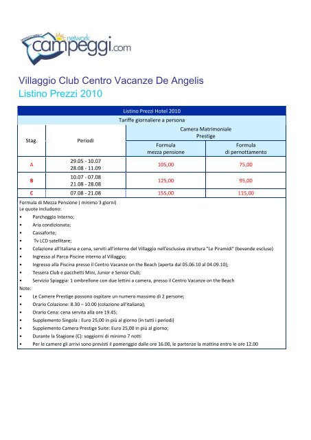 Villaggio Club Centro Vacanze De Angelis Listino Prezzi 2010