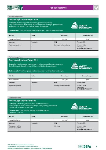Cennik Igepa folie ploterowe 2013